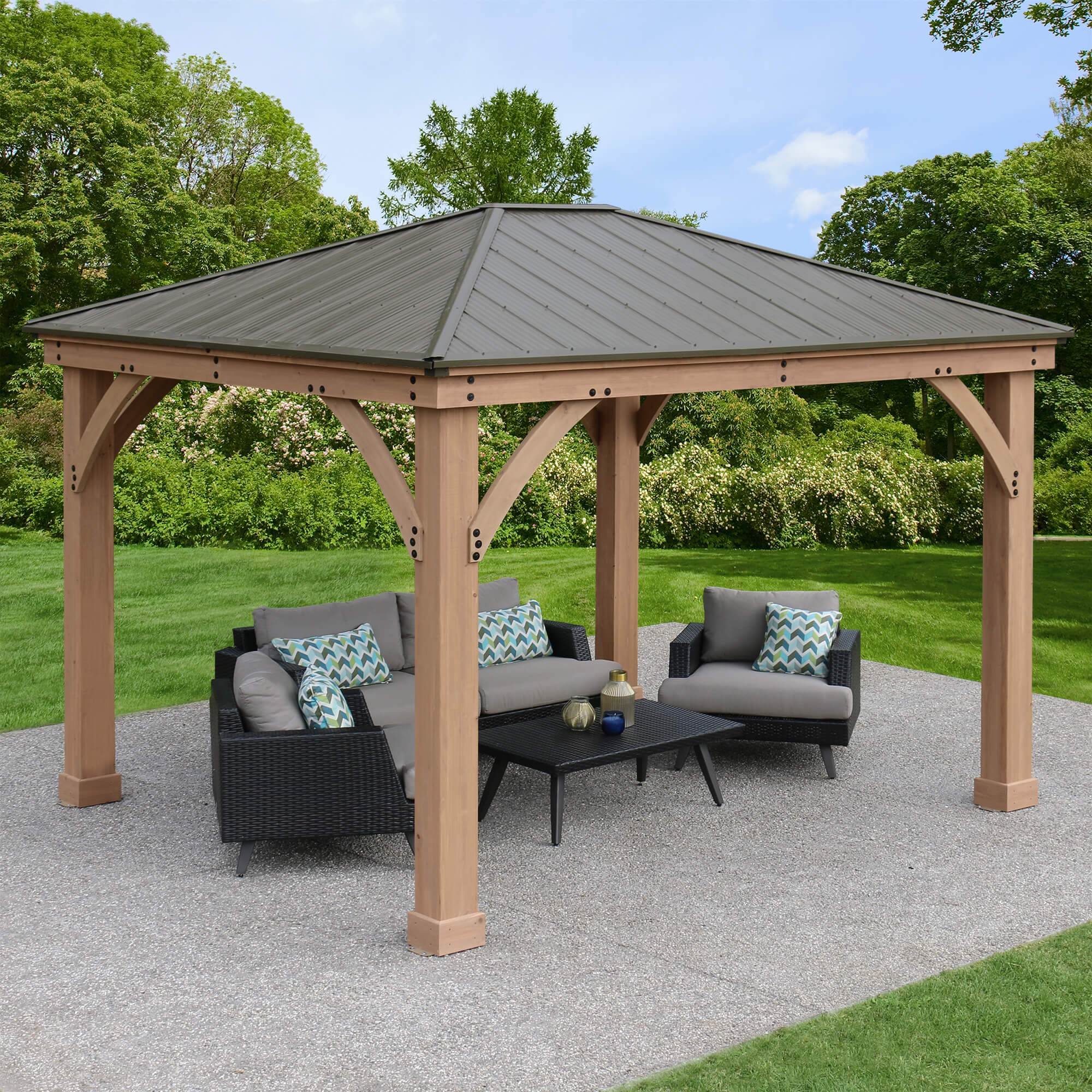 12 x 10 Wood Gazebo with Aluminum Roof (Costco) 12 x 10 Wood Gazebo with Aluminum Roof (Costco)