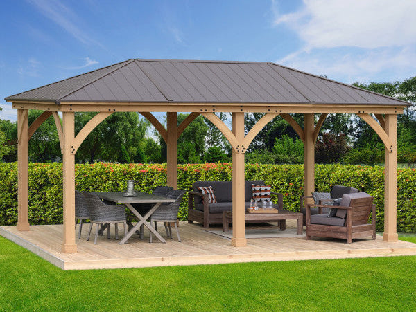 yardistry outdoor meridian gazebo with furniture under the covered roof