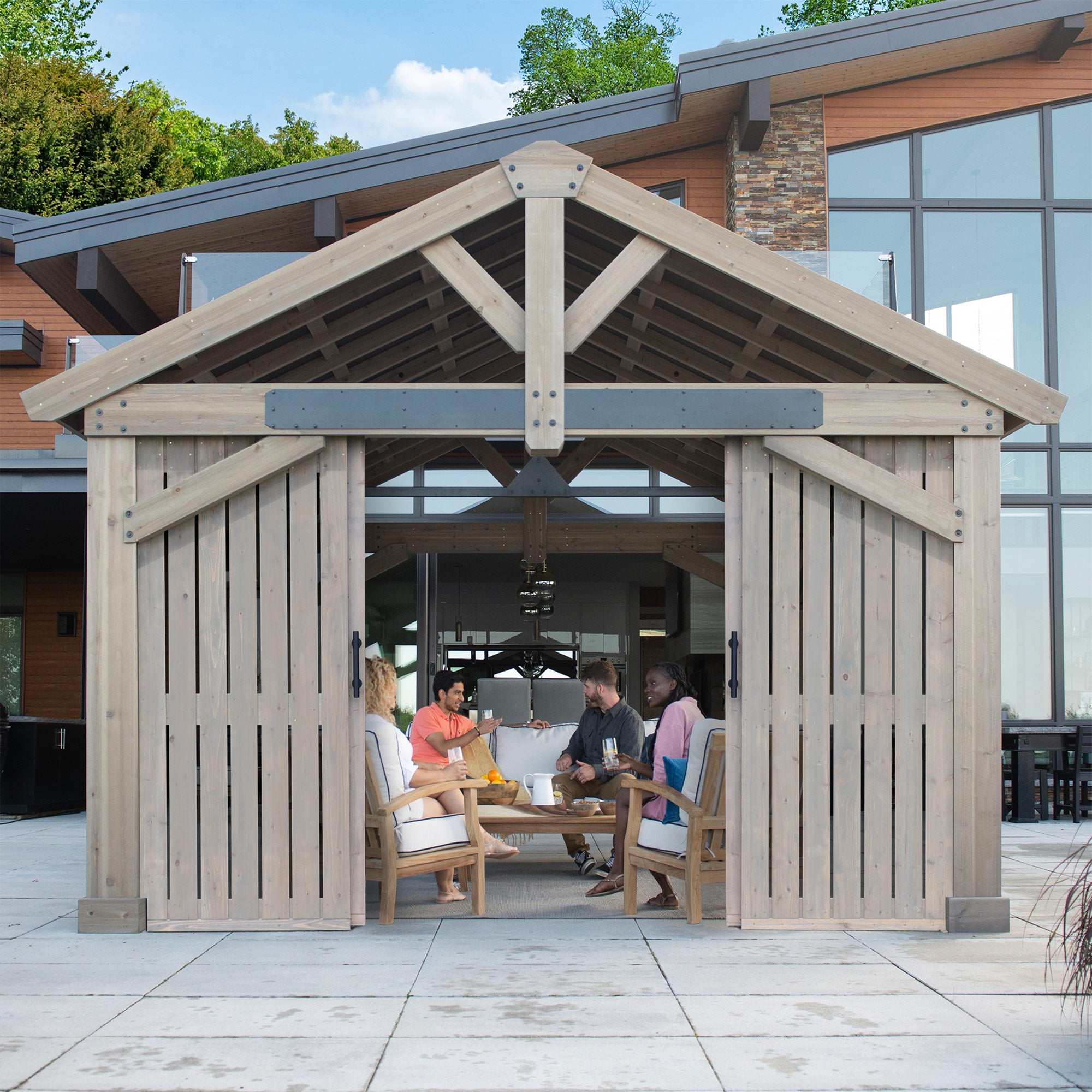 16 x 14 Timber Frame Pavilion Privacy Wall with Barn Doors (Costco)